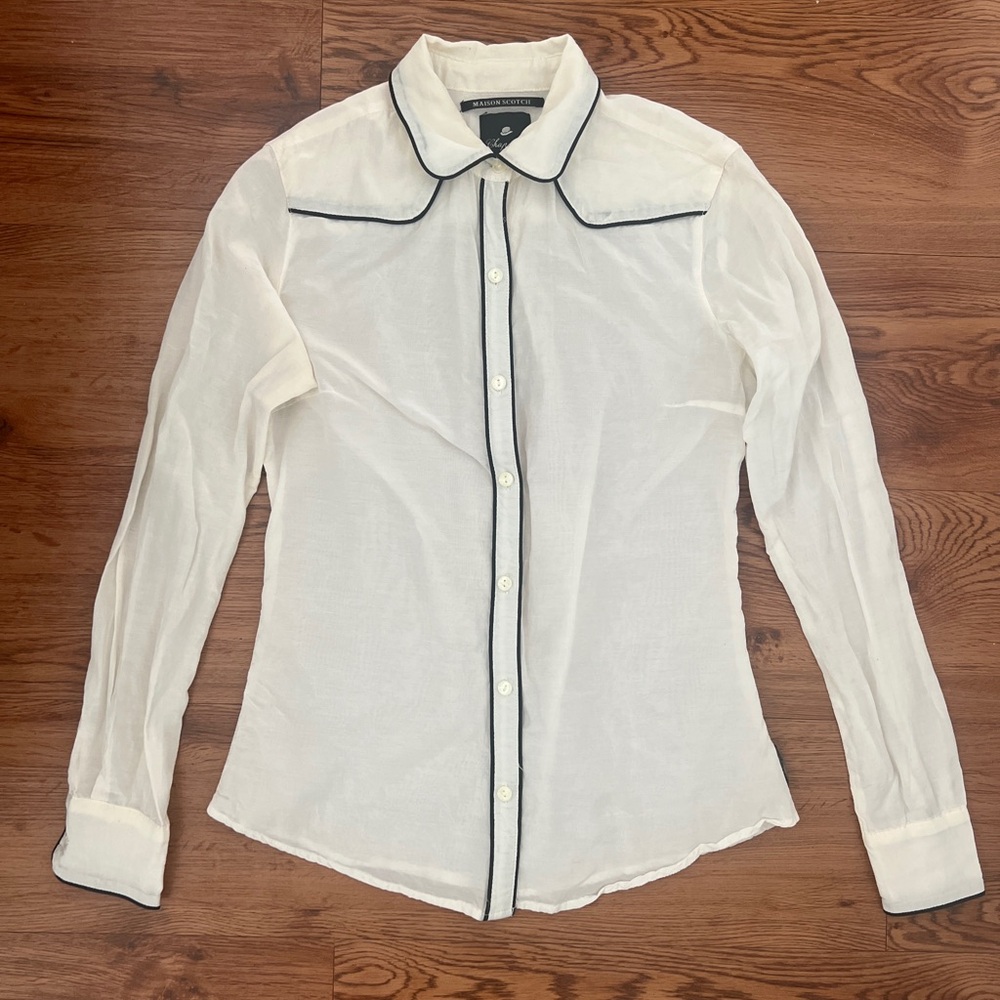 Scotch & Soda White Shirt with Black Piping Size Petite (Small)